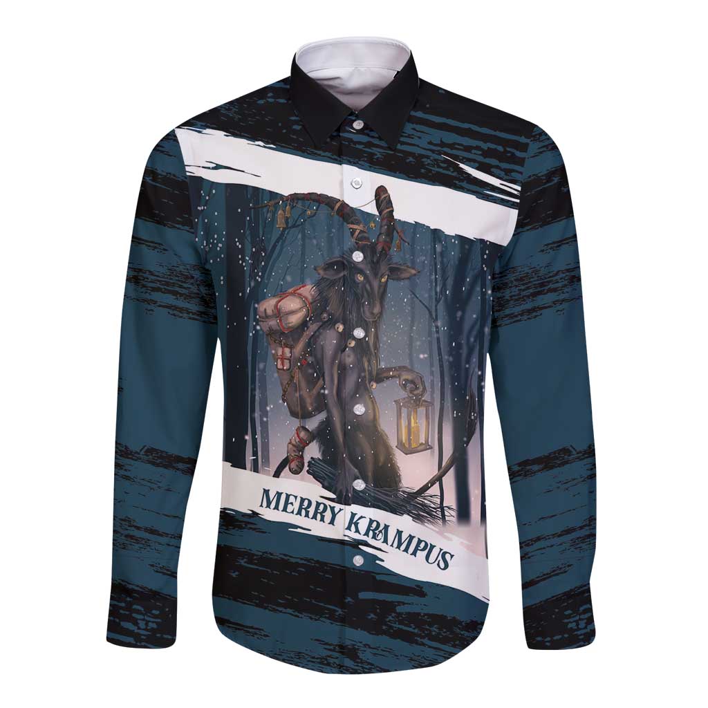 Dark teal long-sleeve button shirt with Krampus graphic and “Merry Krampus” text