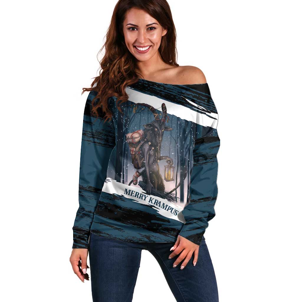 Merry Christmas Off Shoulder Sweater Krampus in The Woods - Dark Teal - Wonder Print Shop