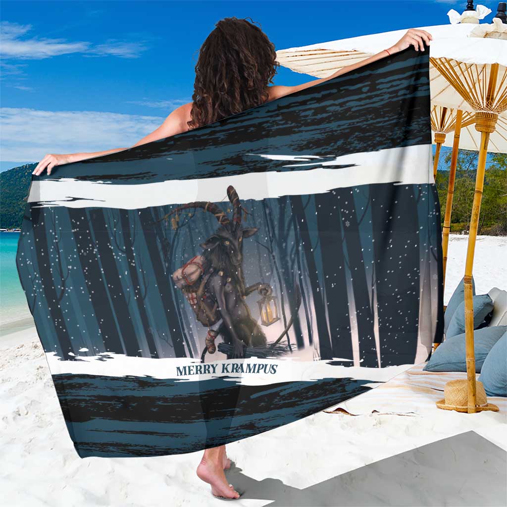 Dark teal Krampus-themed sarong with lantern graphic and white stripe, worn as wrap