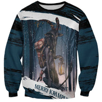 Unisex dark teal sweatshirt with Krampus graphic and lantern in snowy woods