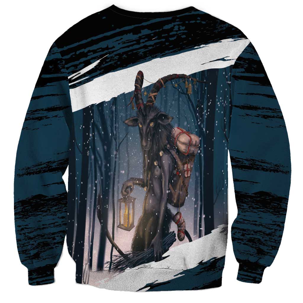 Unisex dark teal sweatshirt with back Krampus graphic, lantern and snowy border