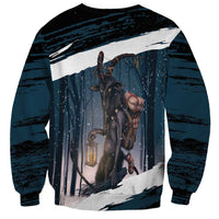 Unisex dark teal sweatshirt with back Krampus graphic, lantern and snowy border