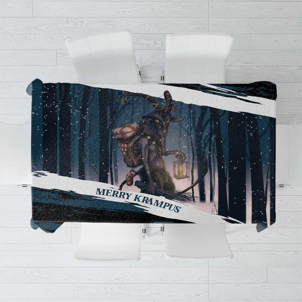 Dark teal Christmas tablecloth with Krampus graphic and 'Merry Krampus' text