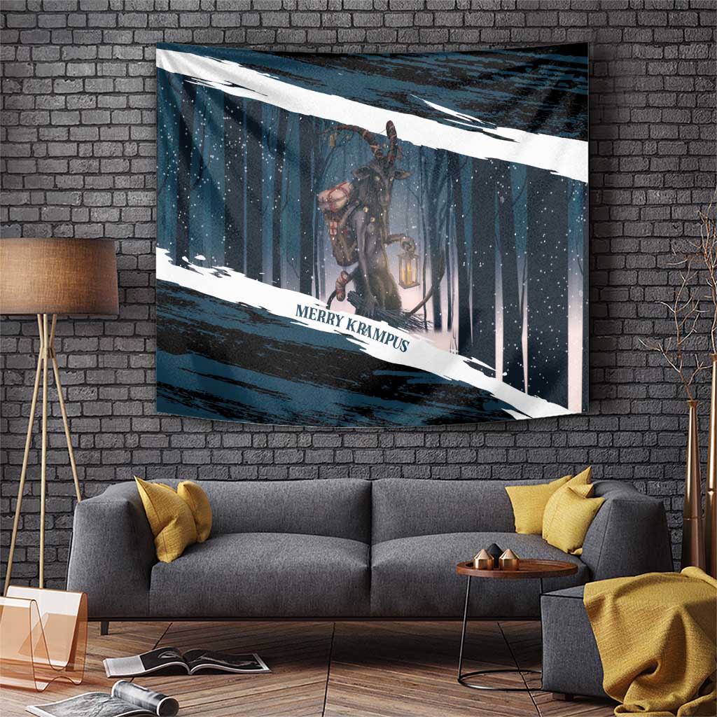Dark teal Christmas tapestry with Krampus in snowy forest and lantern, white border