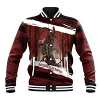 Unisex red baseball jacket with white/black striped cuffs and front Krampus scene graphic