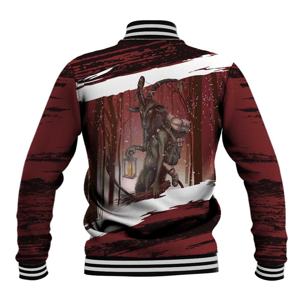 Unisex red baseball jacket with white/black striped collar and back Krampus graphic