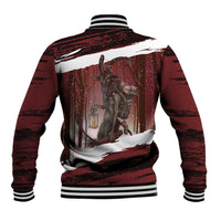 Unisex red baseball jacket with white/black striped collar and back Krampus graphic