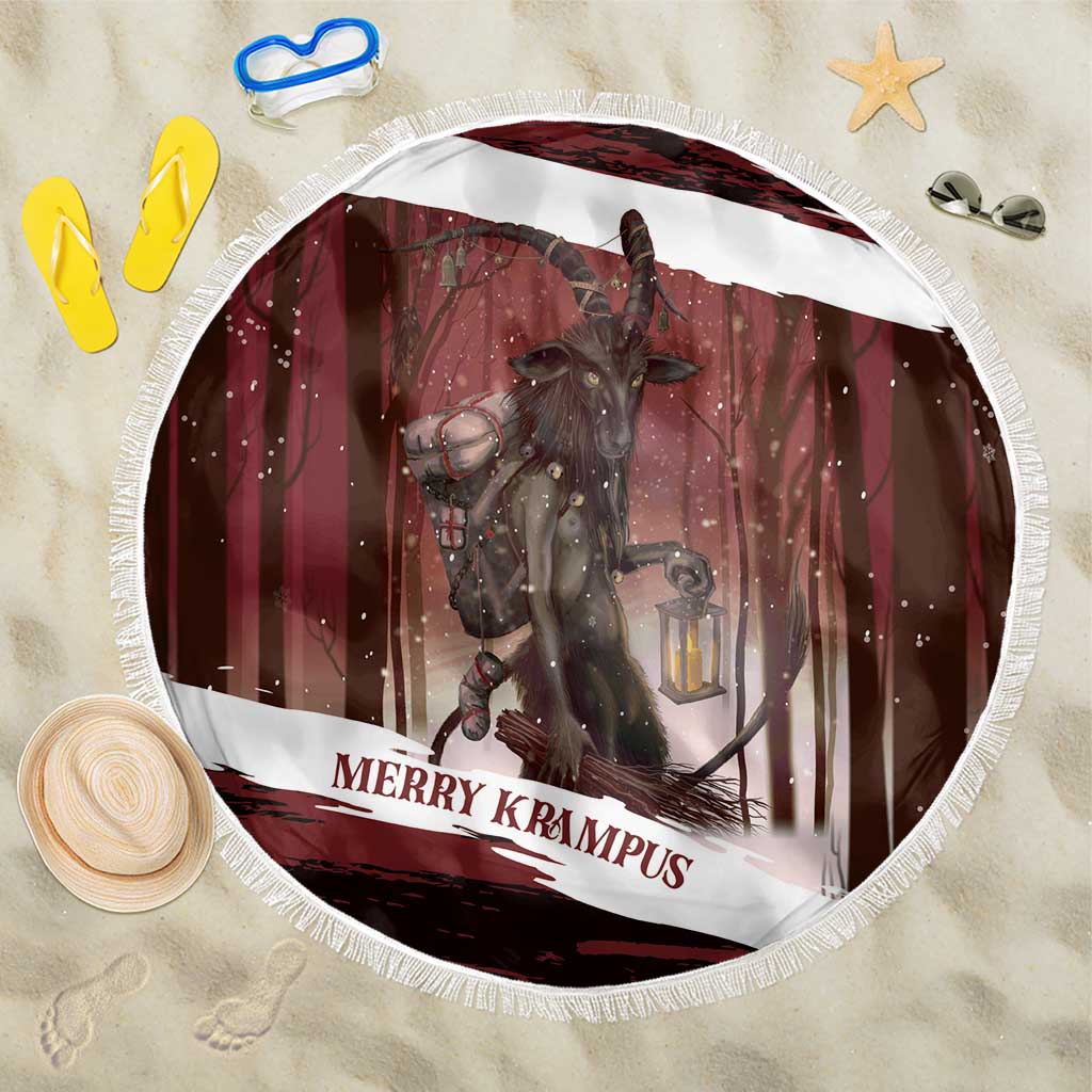 Red round beach blanket, fringed edge; Krampus in forest with lantern, “Merry Krampus”