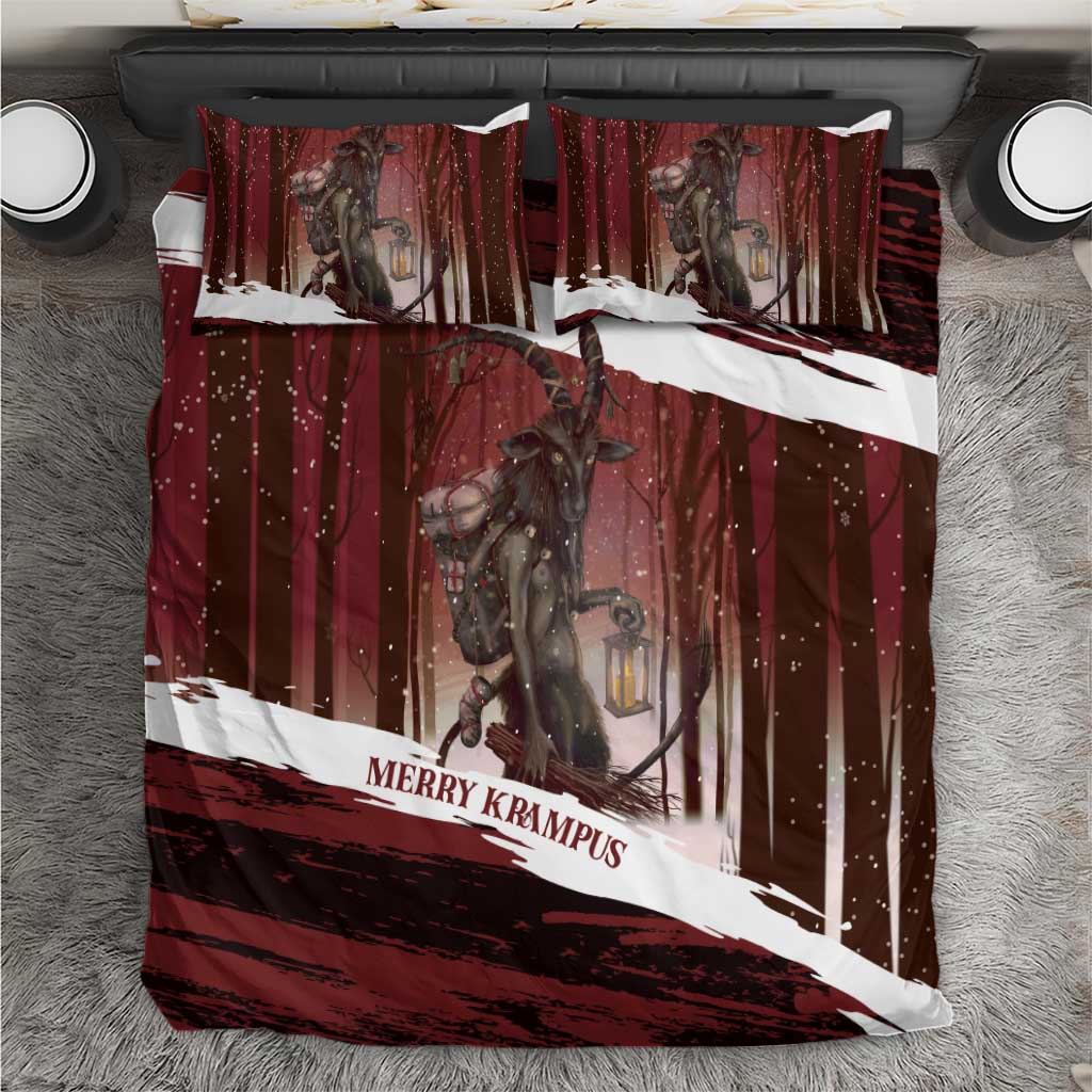 Red Krampus bedding set with white “Merry Krampus” stripe and lantern scene