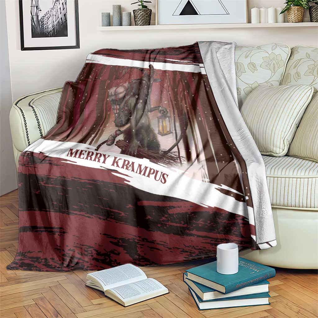 Red holiday blanket with Krampus figure, lantern, and “Merry Krampus” text in white band