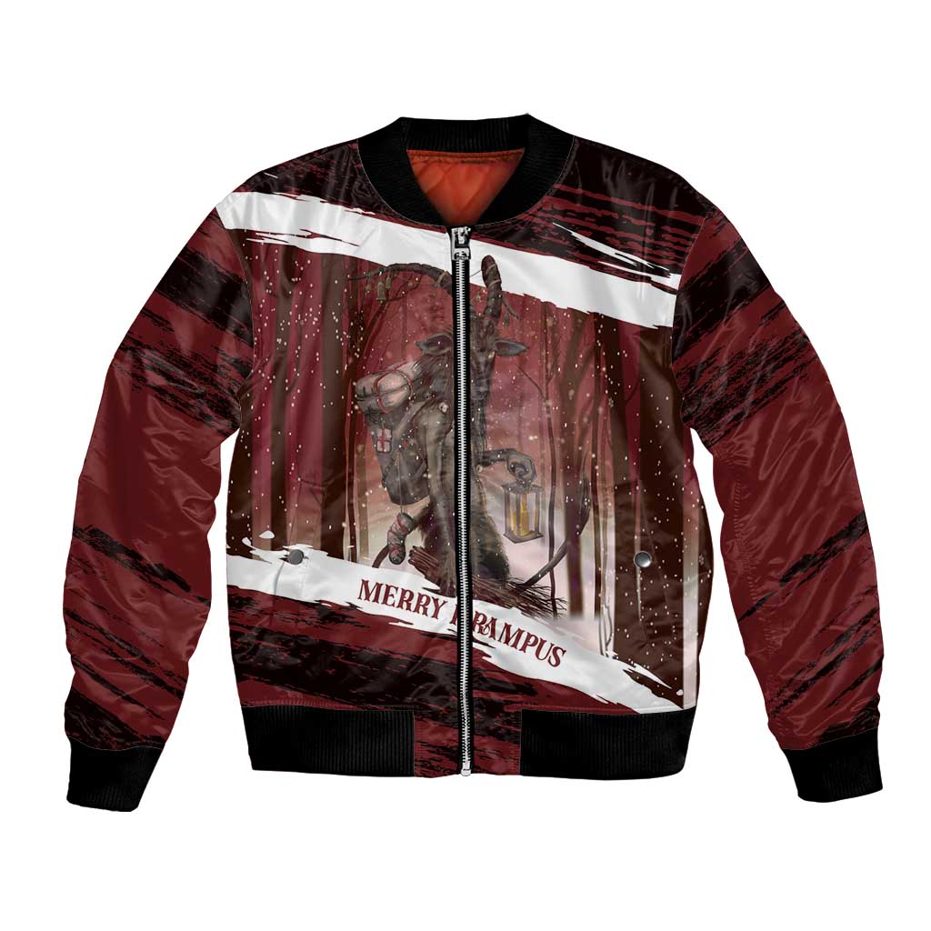 Red bomber jacket with winter forest graphic, Merry Krampus text, full zip front