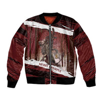 Red bomber jacket with winter forest graphic, Merry Krampus text, full zip front