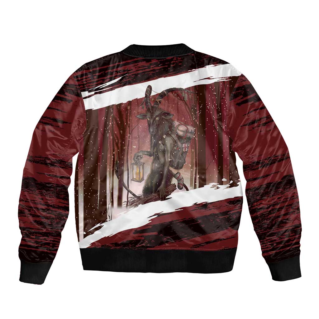 Red bomber jacket with winter forest scene graphic and Merry Krampus text, ribbed hem