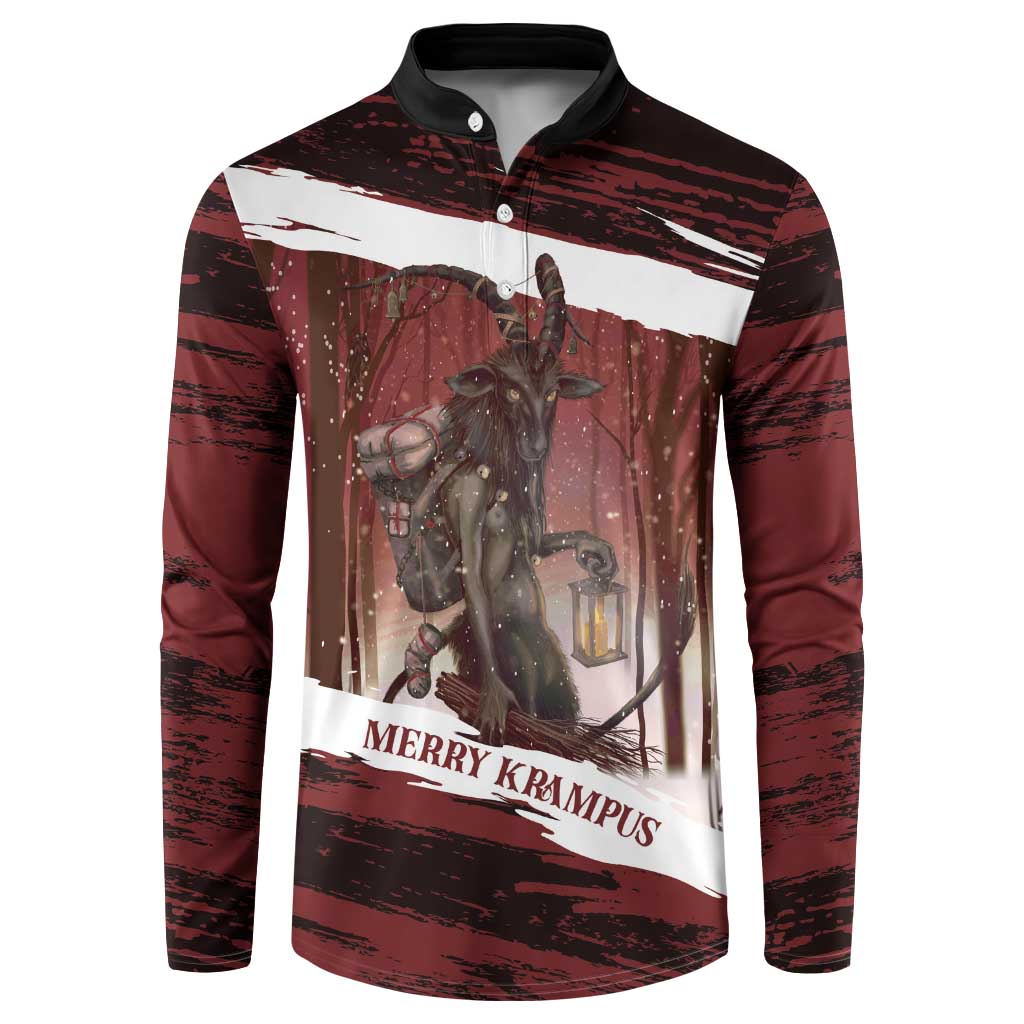 Red long-sleeve button sweatshirt with Krampus graphic, white stripes, black collar