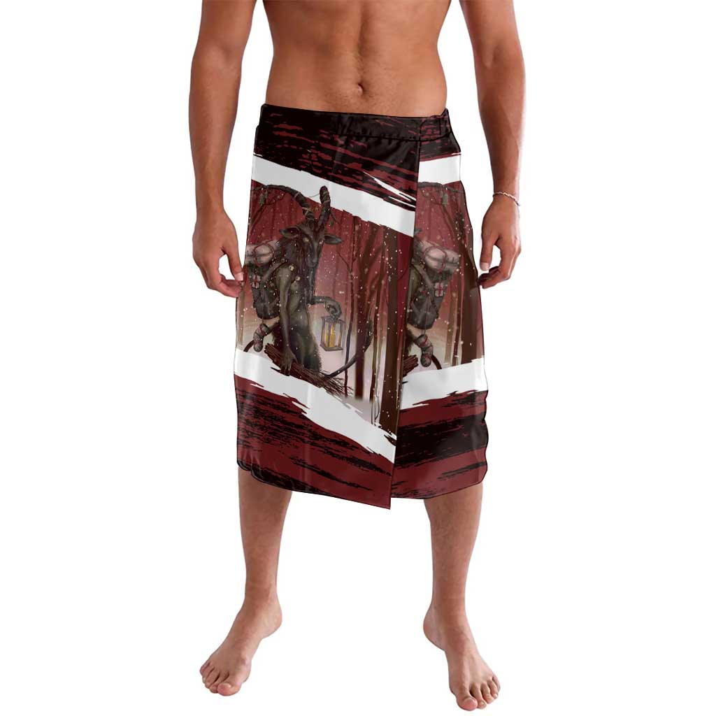Red printed lava lava shorts with elastic waistband and Krampus scene