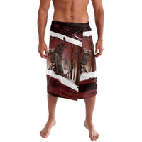 Red printed lava lava shorts with elastic waistband and Krampus scene