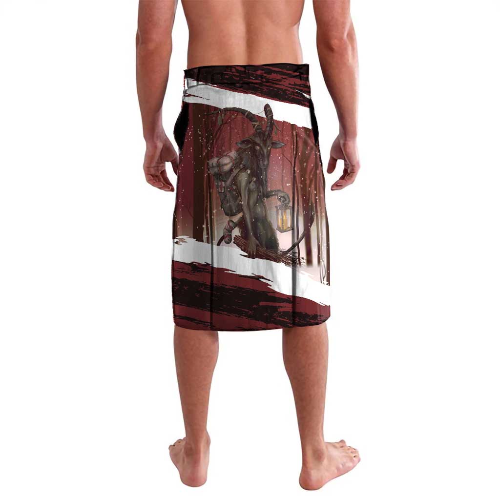Red and dark printed shorts with elastic waistband, straight hem, lantern Krampus graphic