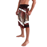 Red printed shorts with elastic waistband and side seam detail, Krampus in woods graphic