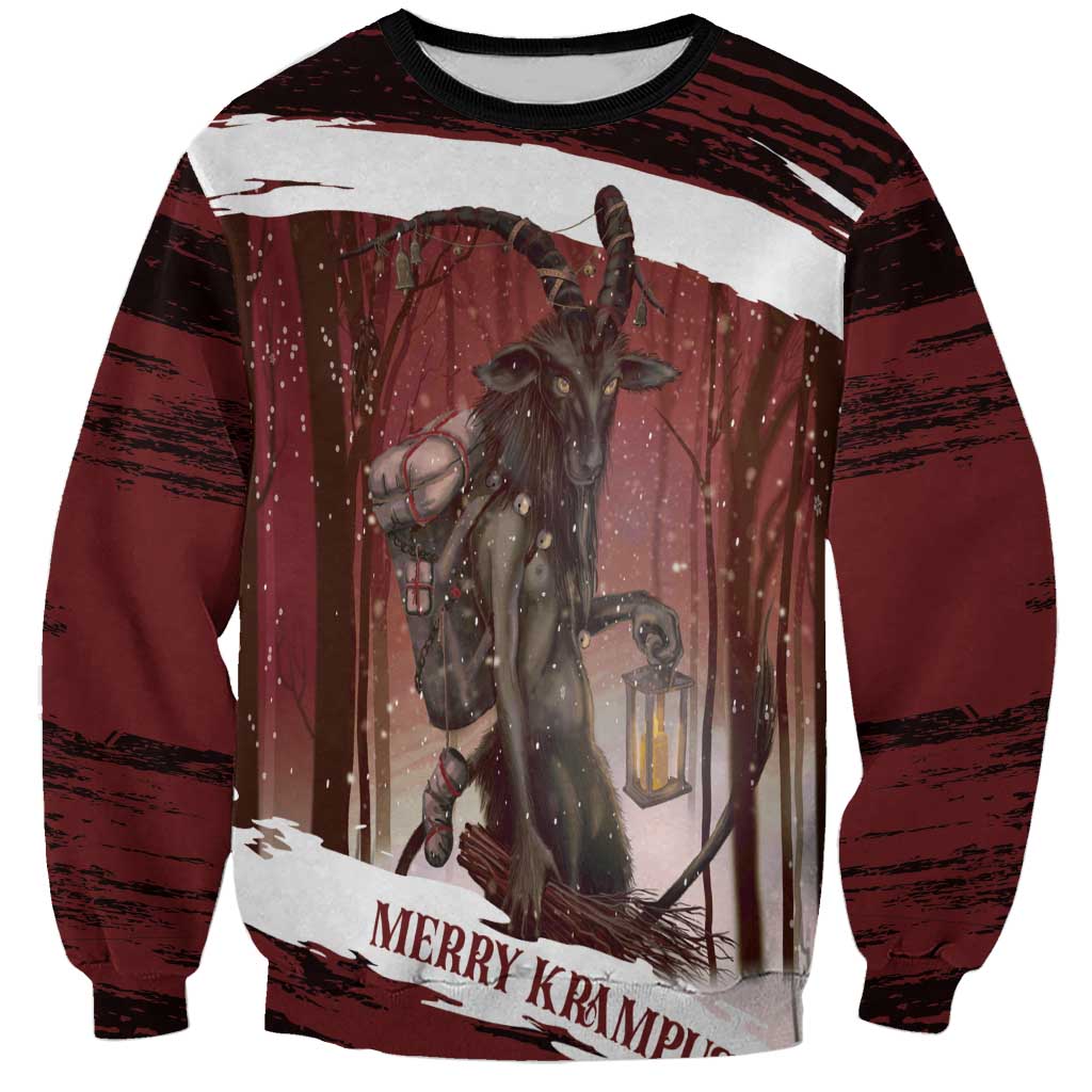 Red unisex crewneck sweatshirt, long sleeves, Krampus forest graphic with lantern