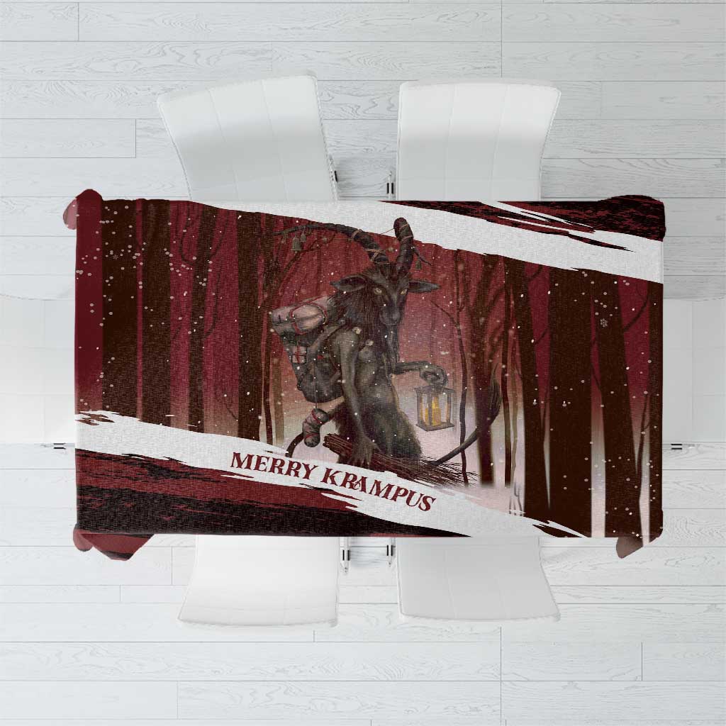 Red square tablecloth with Krampus in a dark forest scene and snow-like accents