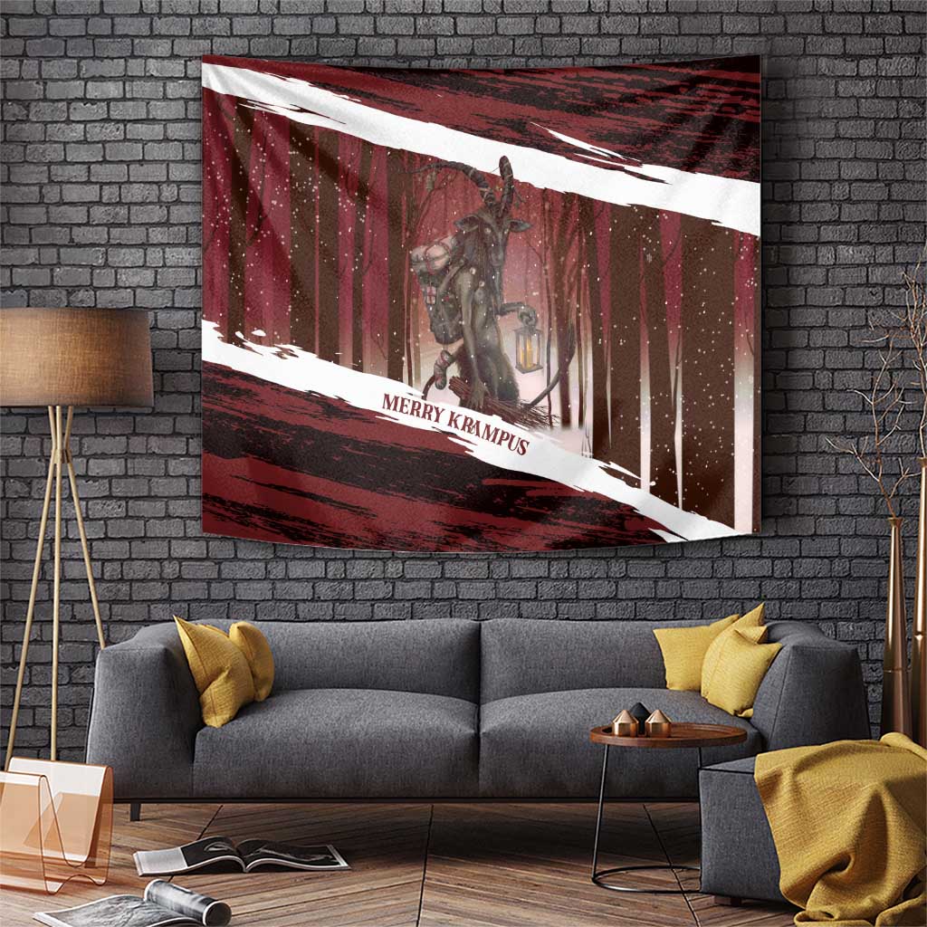 Red Krampus Christmas tapestry with horned figure holding a lantern in snowy forest