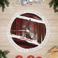 Red circular tree skirt with Krampus woodland graphic and white tassel fringe border
