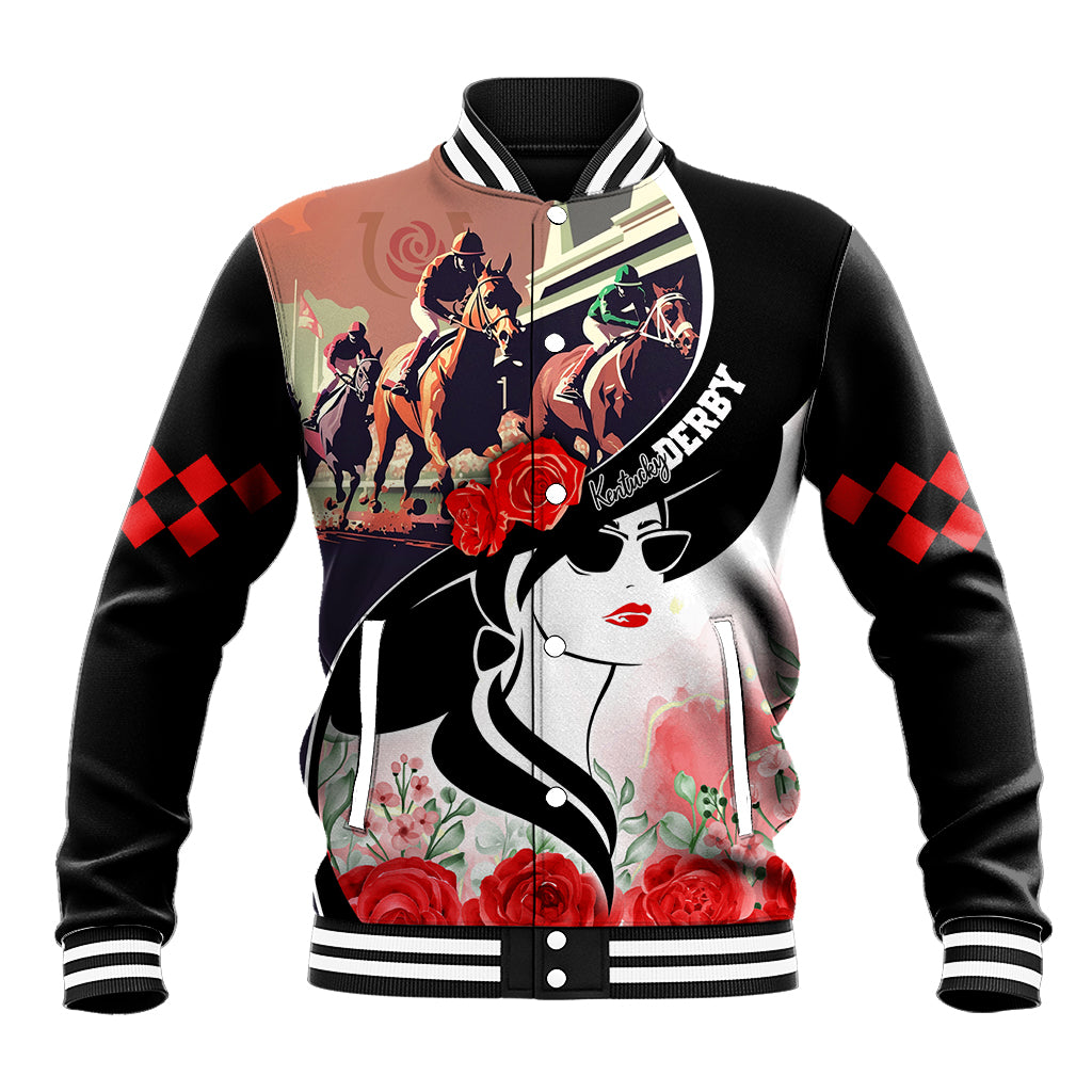 Black baseball jacket with horse derby graphic, roses, and striped collar & cuffs