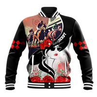 Black baseball jacket with horse derby graphic, roses, and striped collar & cuffs