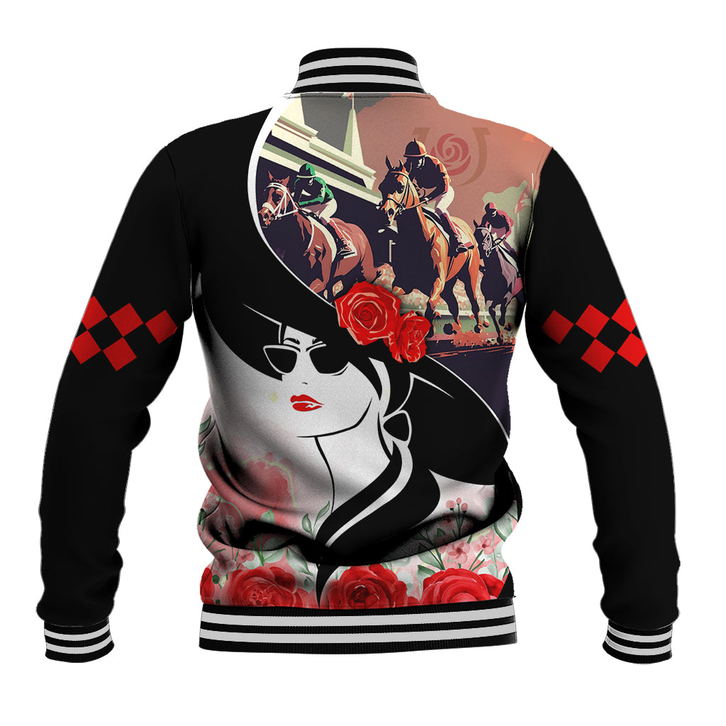 Black baseball jacket with back horse derby scene, woman face art, roses; striped hem