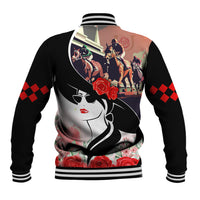 Black baseball jacket with back horse derby scene, woman face art, roses; striped hem