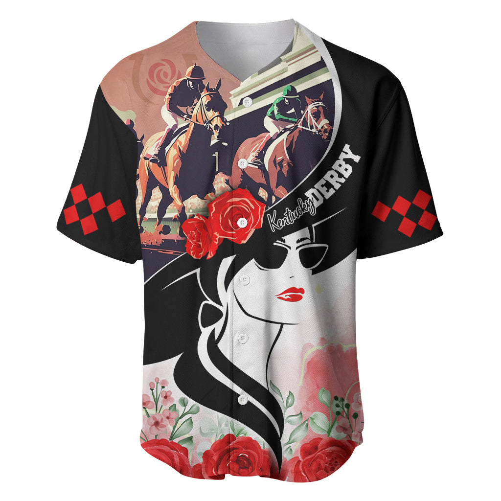 Black baseball jersey with horses, roses, checkered sleeves, and stylized face graphic