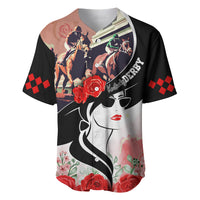 Black baseball jersey with horses, roses, checkered sleeves, and stylized face graphic