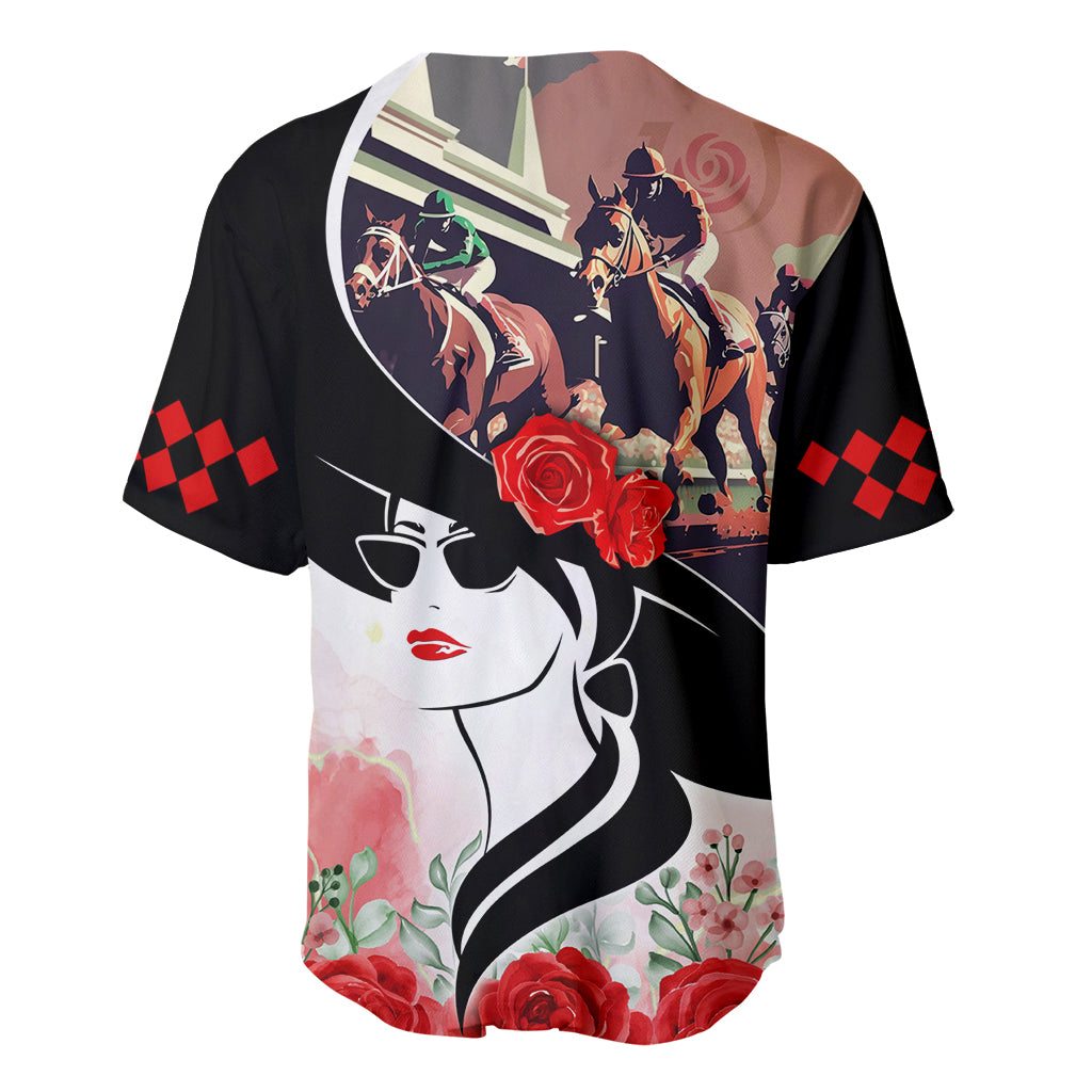 Black baseball jersey, back view: horse race scene, roses, checkered sleeve, face