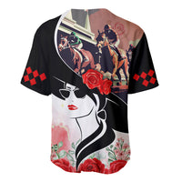 Black baseball jersey, back view: horse race scene, roses, checkered sleeve, face