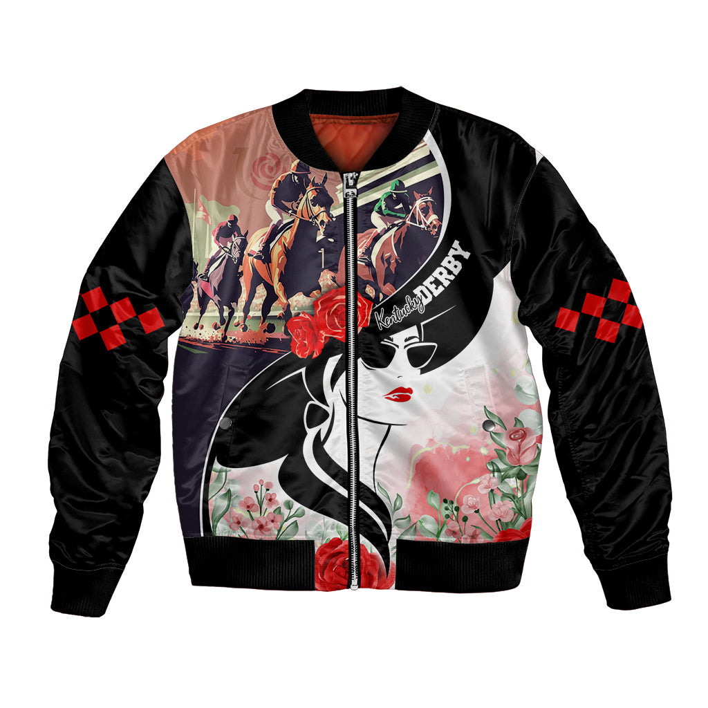 Unisex bomber jacket, black with horse-racing art and red checkered sleeve panels
