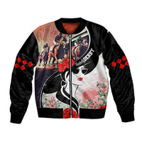 Unisex bomber jacket, black with horse-racing art and red checkered sleeve panels