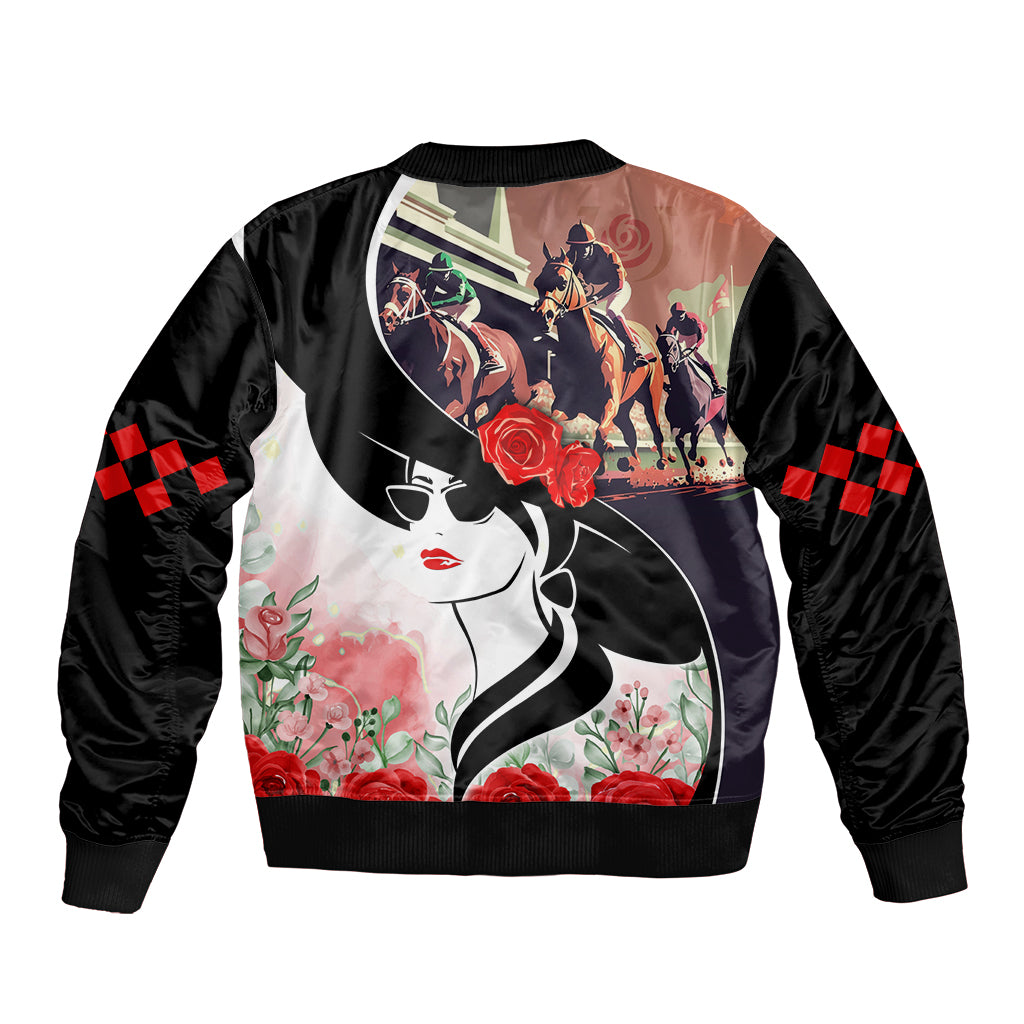 Unisex bomber jacket, black with illustrated face, horse-racing scenes, red checkered sleeves