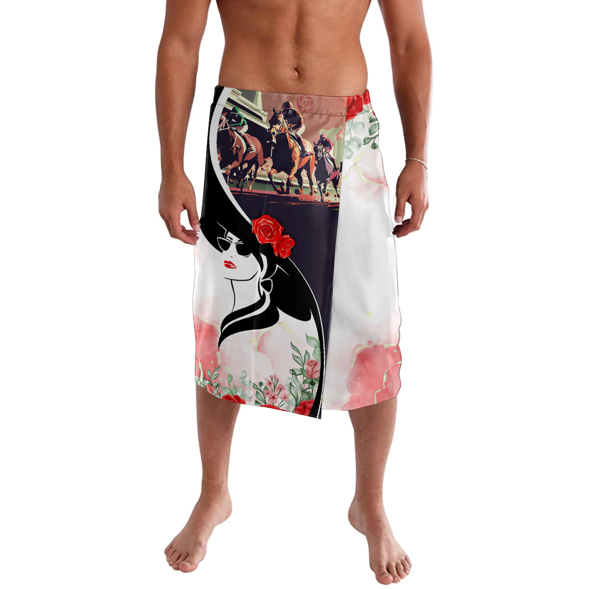 Printed knee-length sarong skirt with floral pattern and black figure, red rose accents