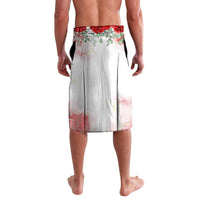 Printed sarong skirt with red waistband and watercolor floral design on light fabric