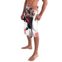 Printed sarong skirt in angled view, red rose floral print with black figure motif