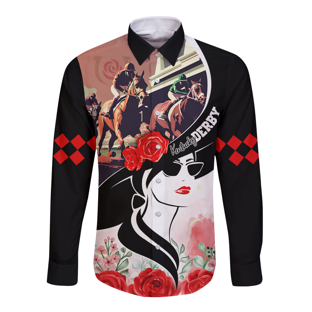 Long-sleeve button shirt, black with colorful horse-and-roses graphic front