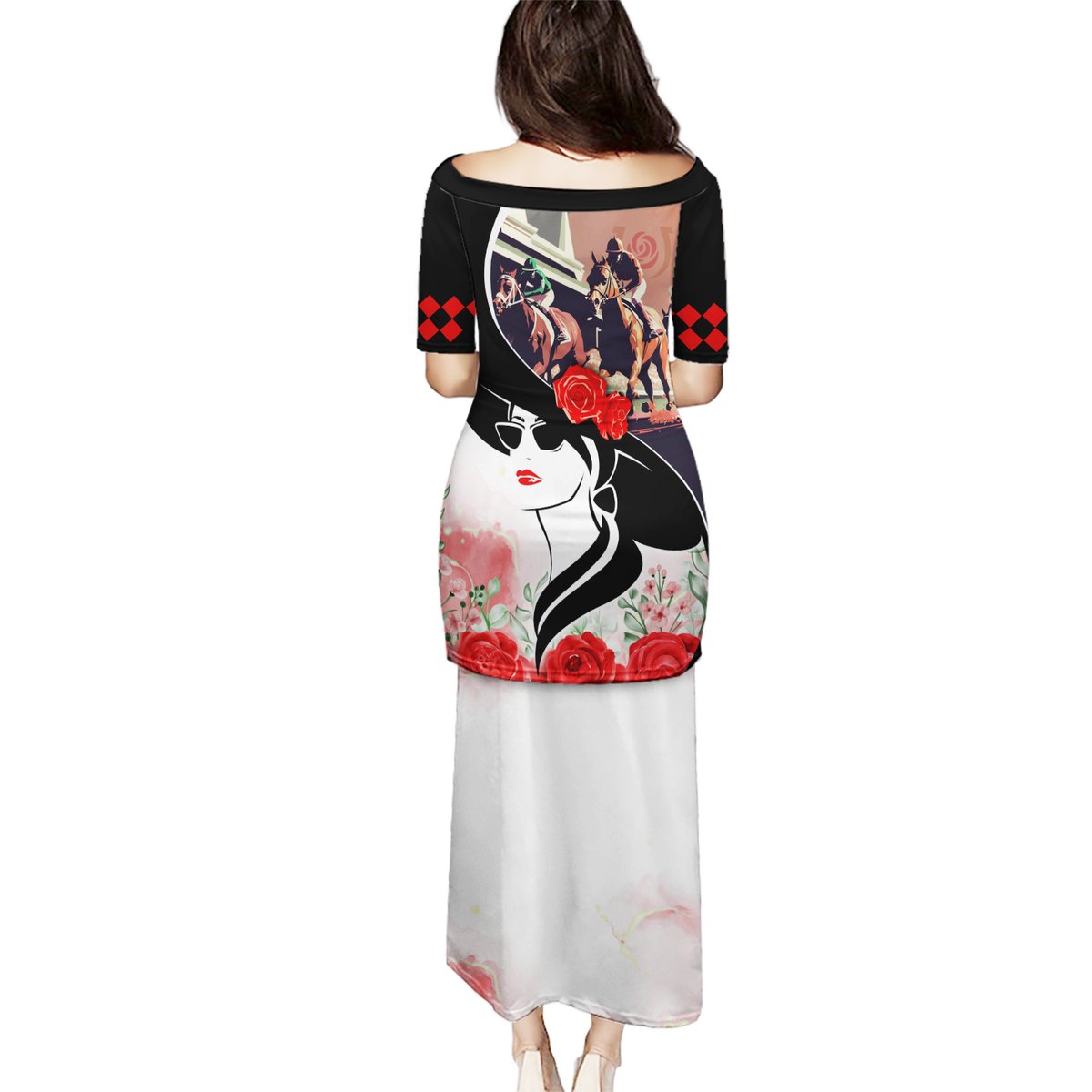 Long dress back view: black top with horse and rose graphic, white flowing skirt