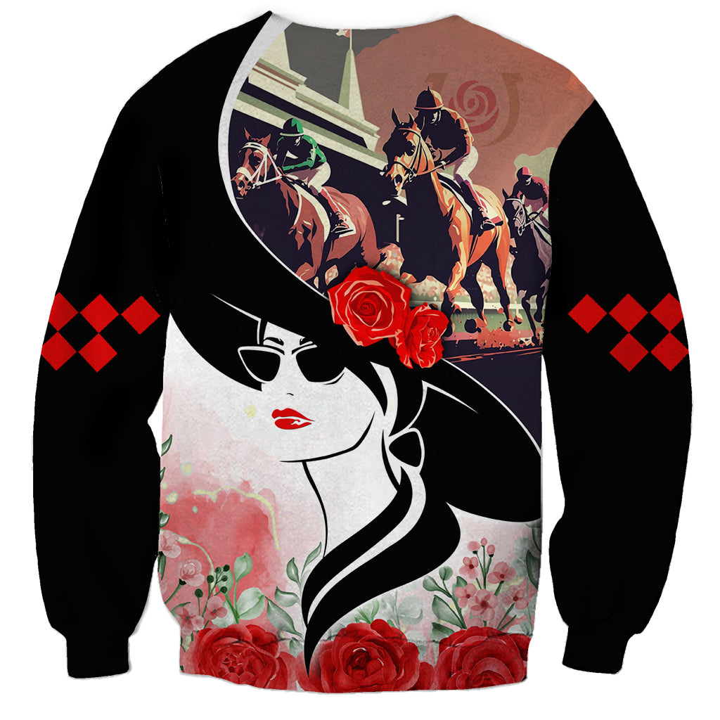 Unisex sweatshirt with black sleeves, woman portrait and horse graphic in floral roses