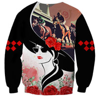 Unisex sweatshirt with black sleeves, woman portrait and horse graphic in floral roses