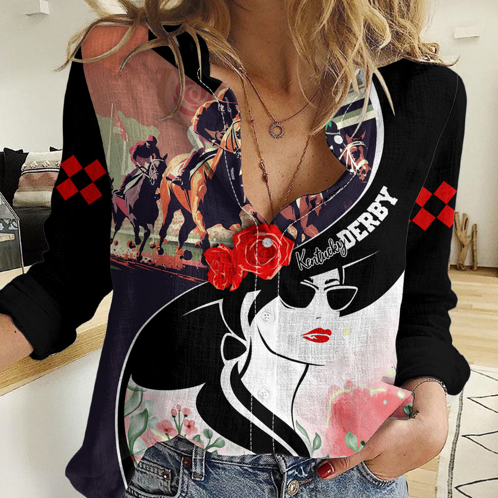 Women’s casual long-sleeve shirt, black with colorful portrait graphic and red roses