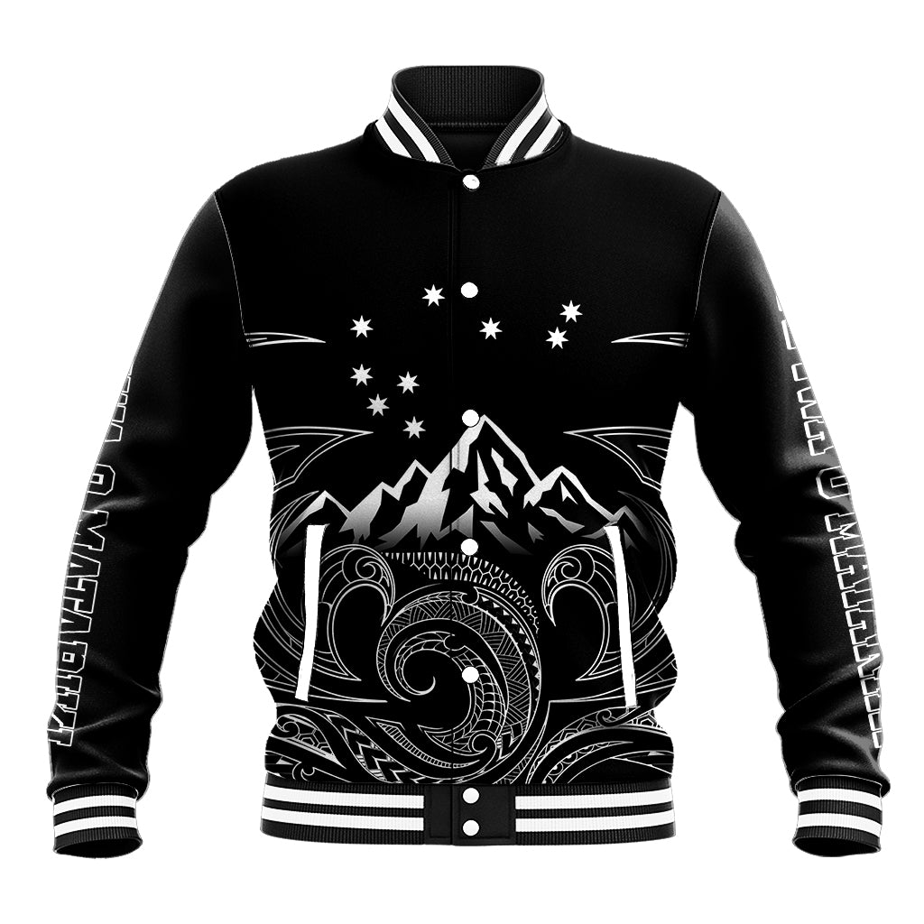 Unisex black baseball jacket with ribbed collar, striped cuffs, snap front, white graphic