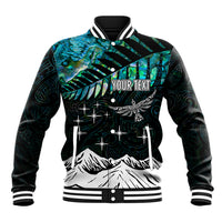 Black baseball jacket with teal abstract print, star and mountain graphic, striped trim