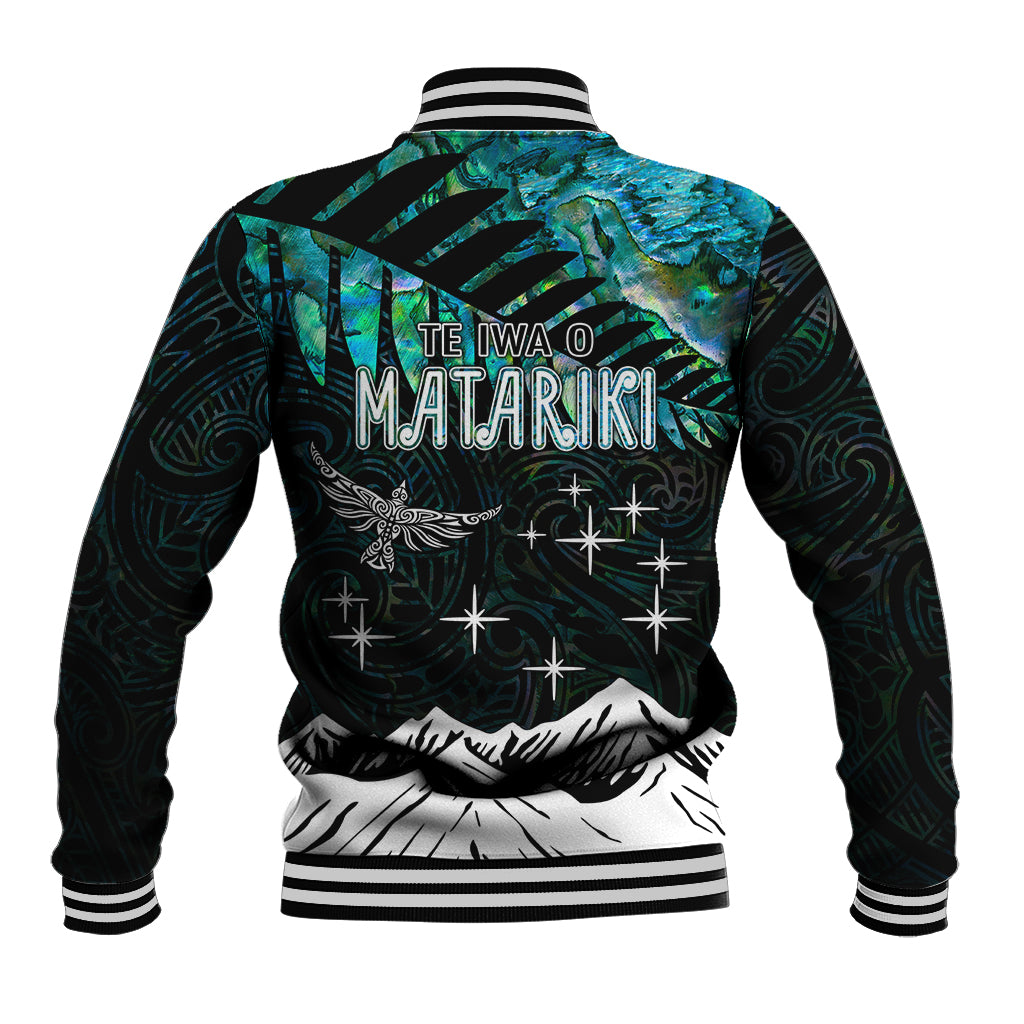Back baseball jacket with striped rib collar, teal map-like print, Matariki text and stars