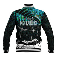 Back baseball jacket with striped rib collar, teal map-like print, Matariki text and stars