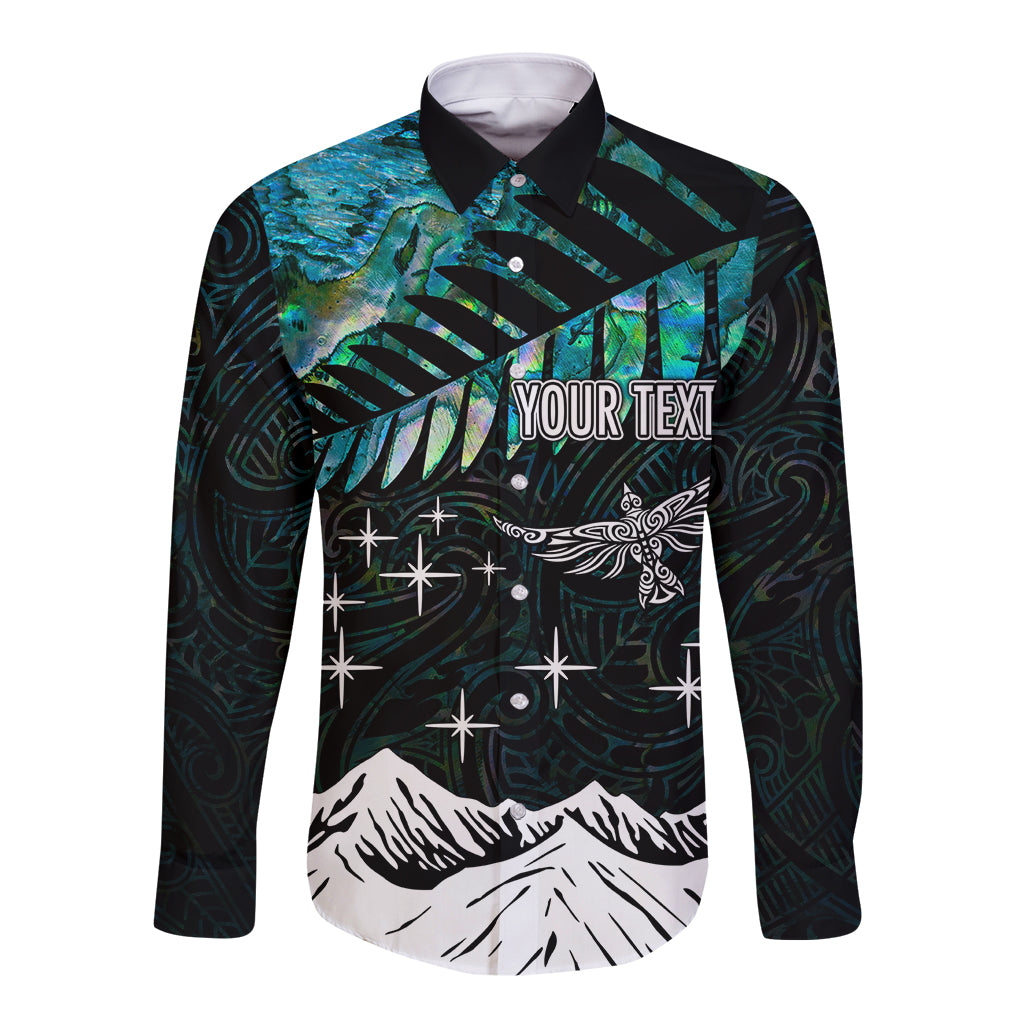 Black-and-teal long-sleeve button shirt with custom text, stars, and mountain print